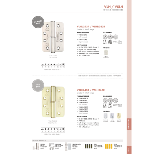 Zoo Hardware VLHR243RS Grade 11 Lift Off Hinge Stainless Steel - Radius - Grade 201 - 102 x 76 x 3mm - Right Hand Satin Stainless