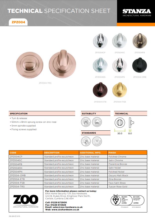 Zoo Hardware Stanza Bathroom Turn & Release 50mm x 8mm sprung screw on zinc rose