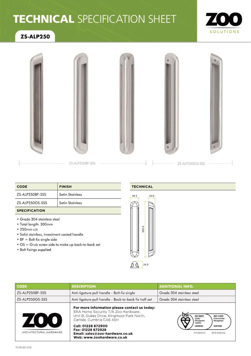Zoo Hardware ZS-ALP250BF-SSS Anti Ligature Pull Handle 250mm CTC (280mm) Bolt Fix - Satin St. Steel