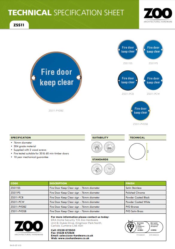 Zoo Hardware Zss Door Sign - Fire Door Keep Clear, Satin Stainless Steel