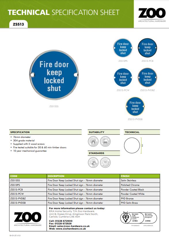 Zoo Hardware Zss Door Sign - Fire Door Keep Locked, Satin Stainless Steel