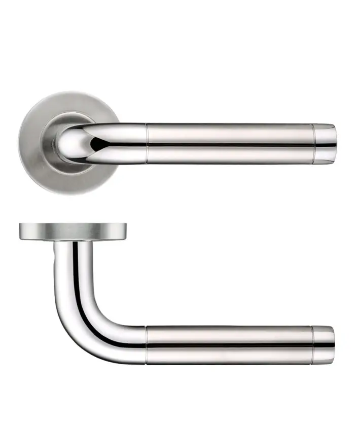 Zoo Hardware Zcs2 Contract Radius Lever On Round Rose, Dual Finish Polished & Satin Stainless Steel (Sold In Pairs)